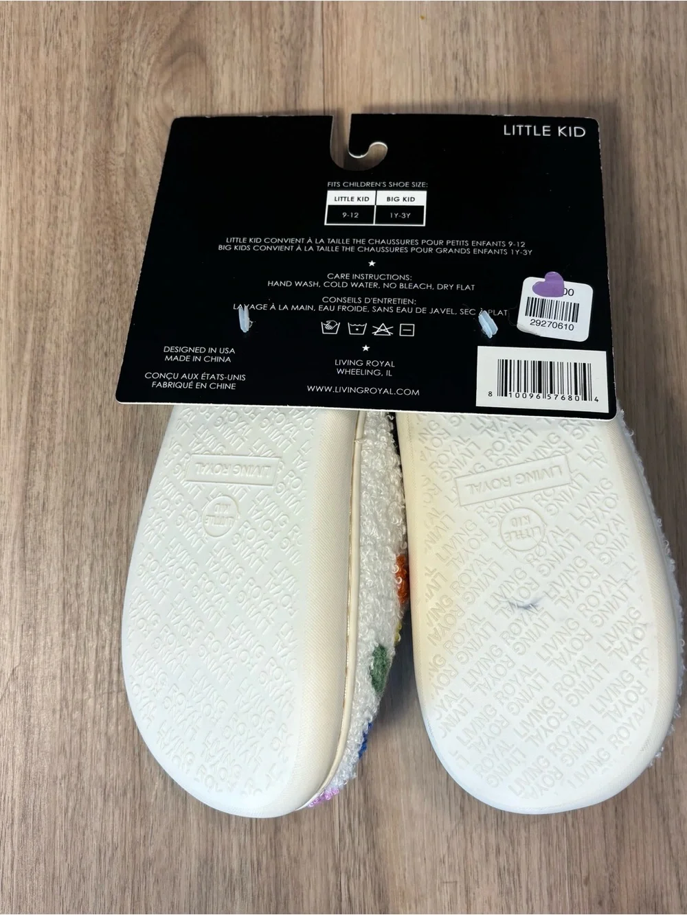 Living Royal Little Kid White Fuzzy Slippers with Rainbow Hearts